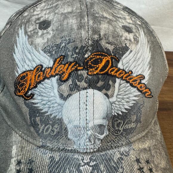 Harley-Davidson Gray Tie-Dye Skull Wings Motorcycle Cap Hat One Size Y2K Style - Picture 2 of 5